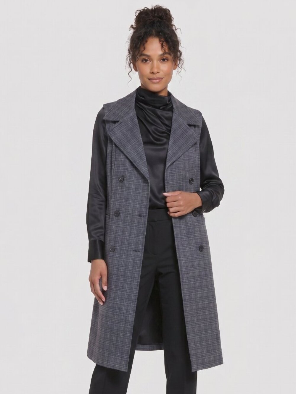 Lyssé Cameron Plaid Sleeveless Ponte Trench Coat Long Duster Vest Medium
